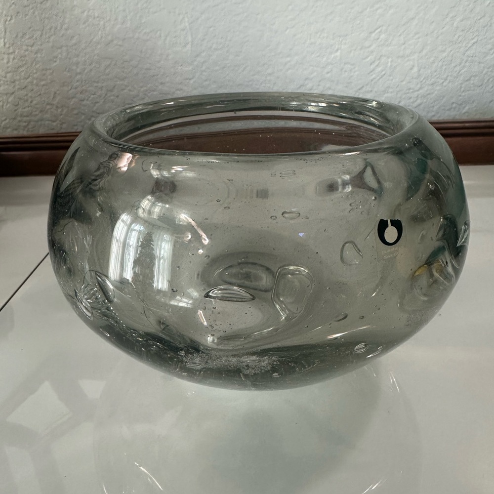 Swedish art glass bowl vase swirls and controlled bubbles clear smoke colored